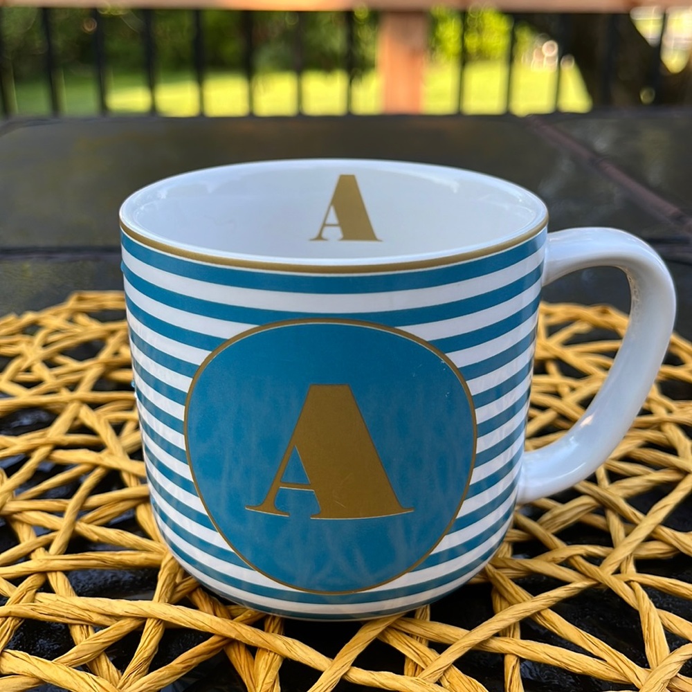 Blue and white striped monogram stoneware mug
